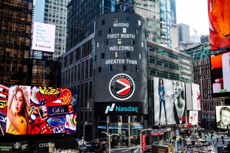 Nasdaq First North Welcomes Greater Than on a sign at Times Square