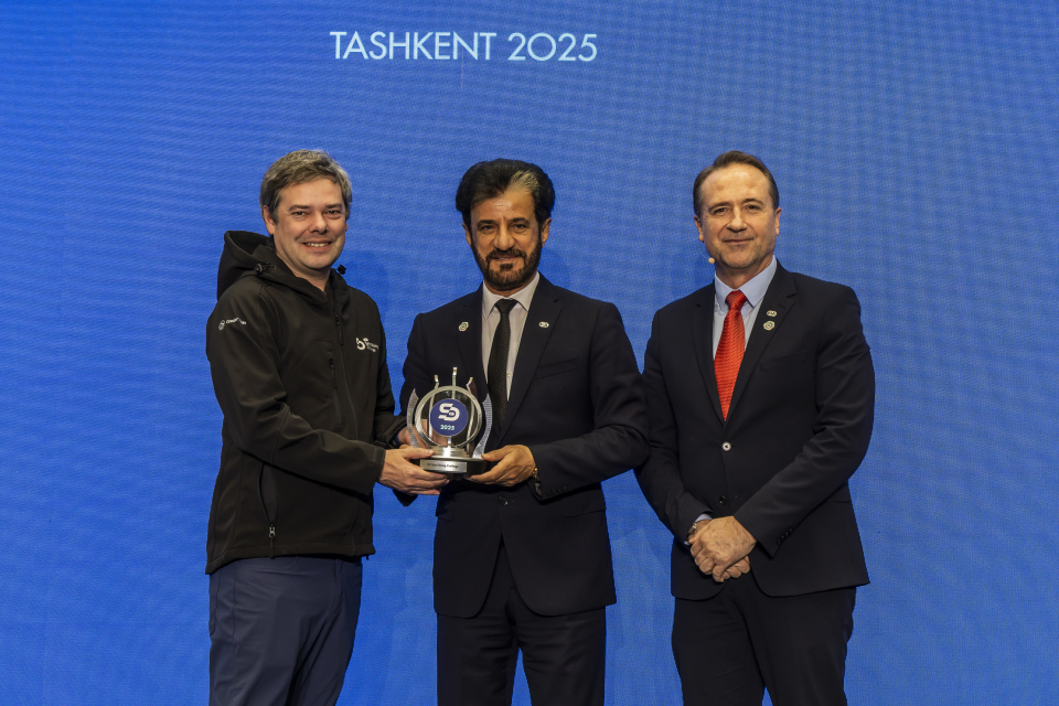 Image of Alexandre Stricher, FIA President, Mohammed Ben Sulayem, and Willem Groenewald, FIA Secretary General for Automobile Mobility and Sustainability