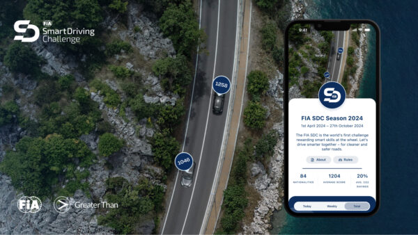 Cars driving by the water from above. Image of a iPhone showing the FIA SDC Season 2024 app. Logos from FIA Smart Driving Challenge, FIA and Greater Than