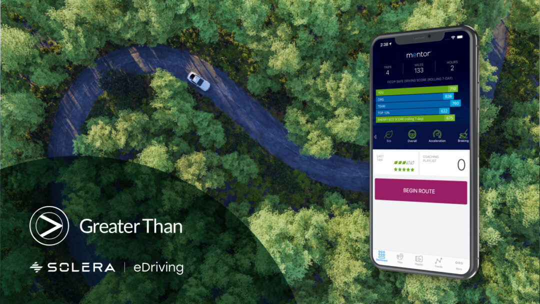 Car driving on a road with threes around. Greater Than, Solera | eDriving logos. And image of a phone showing eDriving's Mentor app
