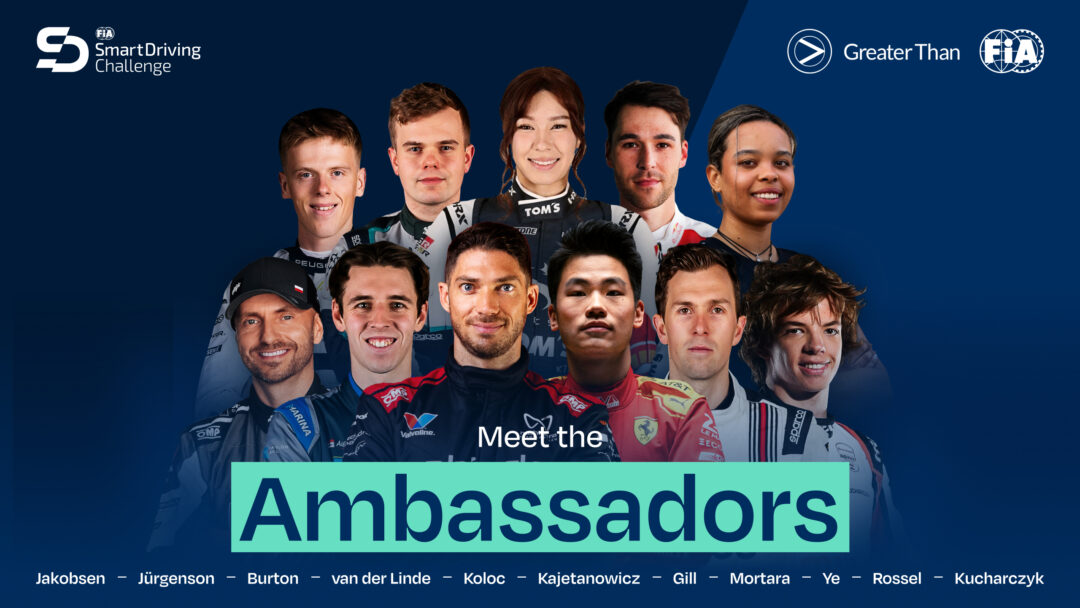 FIA SDC new ambassadors line-up 2026. Group images of Yifei Ye, FIA World Endurance Championship, Edoardo Mortara, ABB FIA Formula E World Championship, Yohan Rossel, FIA World Rally Championship, Taylor Gill, FIA World Rally Championship, Romet Jürgenson, FIA World Rally Championship, Hana Burton, Racing Driver and Content Creator, Aliyyah Koloc, FIA World Rally-Raid Championship, Kelvin van der Linde, DTM, GT World Challenge Europe powered by AWS, Intercontinental GT Challenge, Malthe Jakobsen, FIA World Endurance Championship, Kajetan Kajetanowicz, FIA World Rally Championship, Tymek Kucharczyk, INDY NXT by Firestone