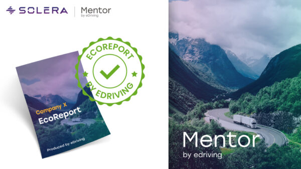 Sample EcoReport by eDriving and a stamp that verifies it. Solera Mentor by eDriving logo.