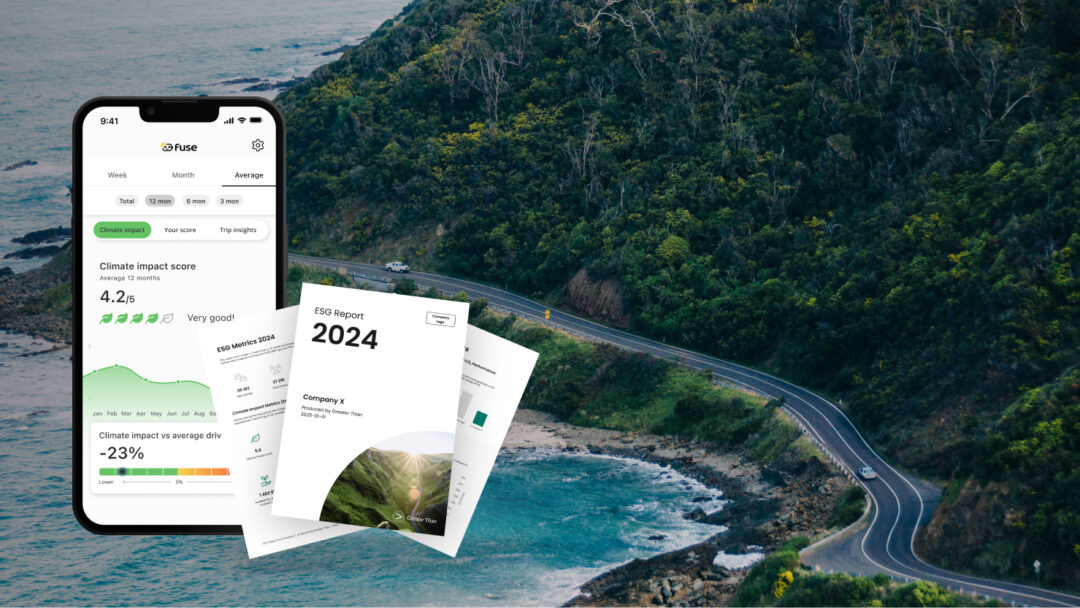 Landscape and iPhone showing Fuse Fleet app with Climate Impact Score and ESG report