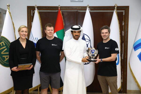 Johanna Forseke, James Haigh, Mohammed Ben Sulayem and Alexandre Stricher at the award ceremony for FIA Smart Driving Challenge 2023.