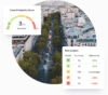 A city road with cars and trees from above with widgets showing crash probability score and risk buckets