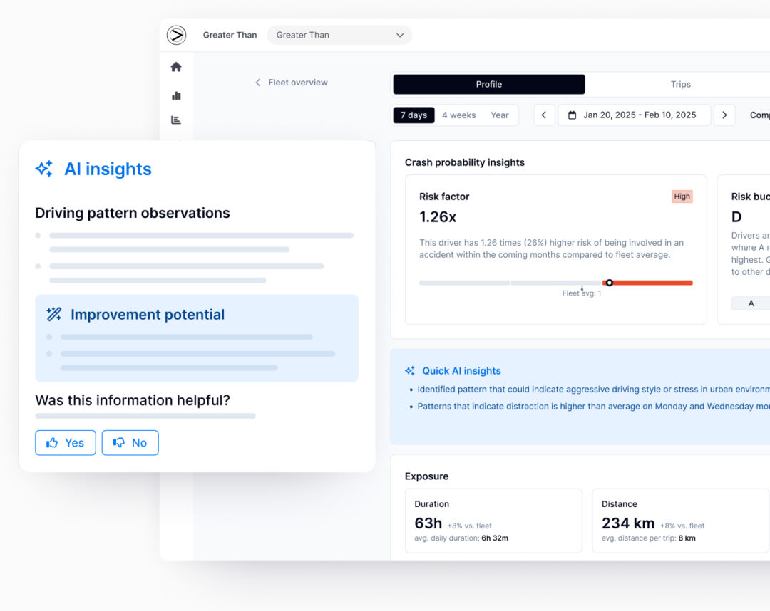 Greater Than's AI-powered Crash Probability Hub displaying driving pattern insights and crash probability risk factor, with the AI coach highlighted showing improvement suggestions for fleet safety optimization