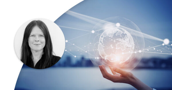Profile image of Liselott Johansson and an abstract image of a globe that hovers above a hand