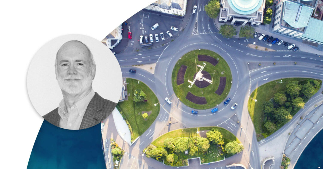 Roundabout by the water from above. Profile image of Jim Noble.