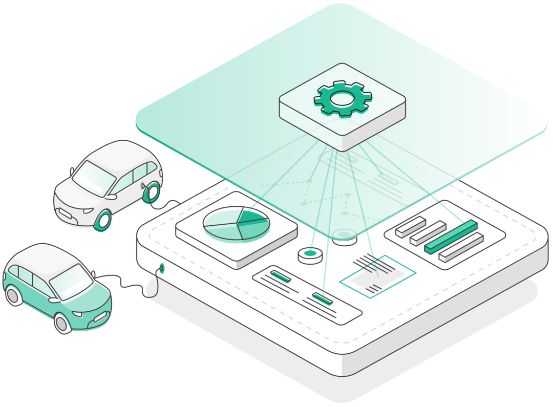 Isometric illustration of two cars connected to a machine analysing driver data. The machine has a layer of AI on top adding data to the analysis.