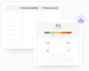 Dashboard showing a performance summary report with a crash probability and climate impact table in the background. The report highlights a score of 7.2 on a color-coded scale from green to red, with supporting metrics including 4.3, 11.2, 13, and 4. A download icon indicates the report is available.