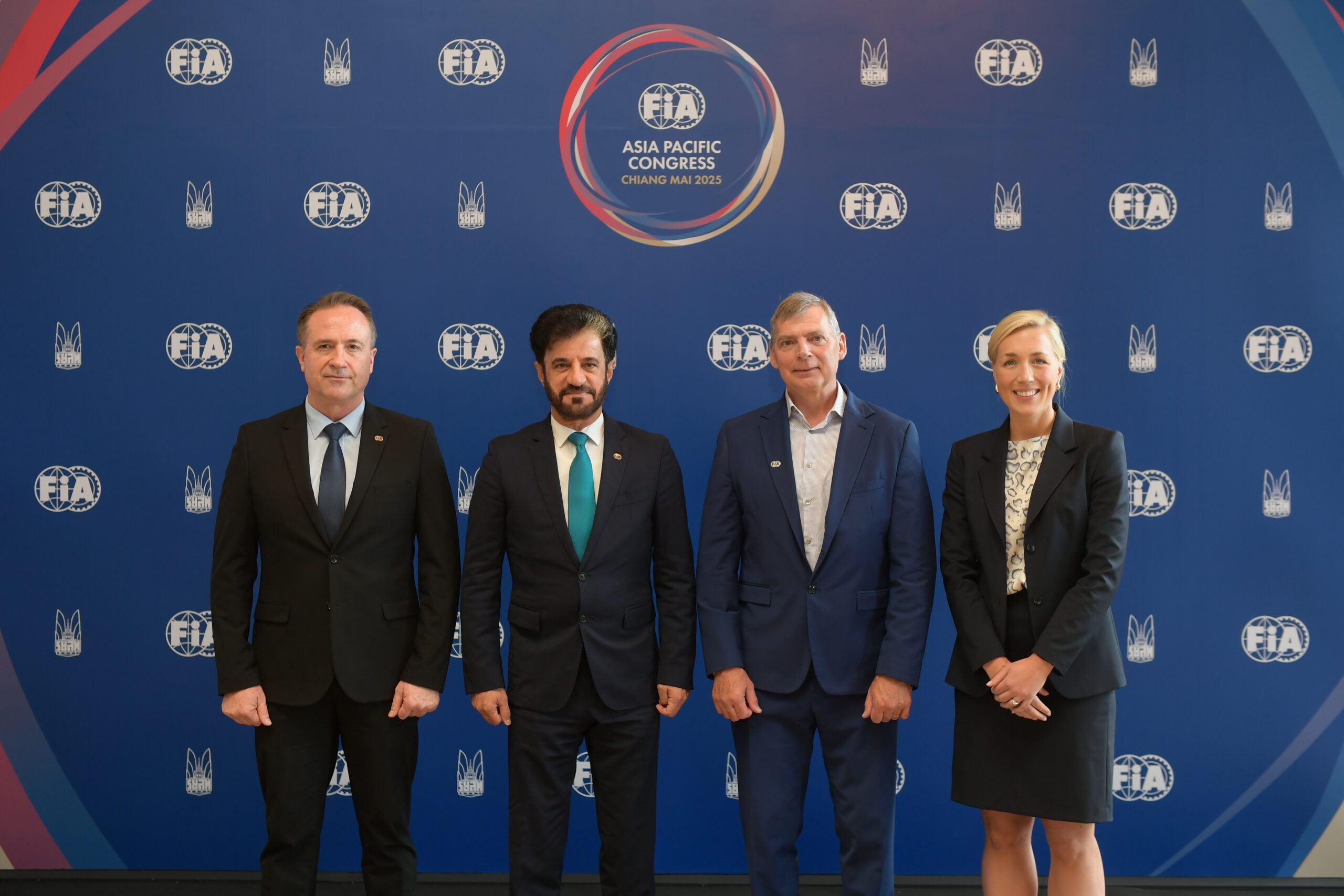 Group image infront of FIA Asia Pacific Congress. From left to right: FIA Secretary General for Automobile Mobility and Sustainability Willem Groenewald, FIA President Mohammed Ben Sulayem, FIA Vice President Tim Shearman, Greater Than Chief Business Officer and Deputy CEO Johanna Forseke