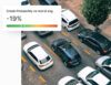 Overhead view of a congested urban street with cars in traffic, accompanied by a data overlay showing crash probability is 19% lower than the world average, visualized with a green-to-red scale.