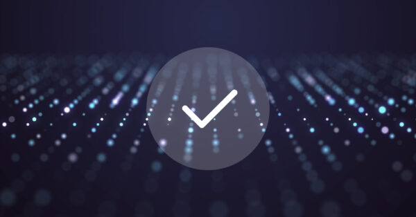 Digital representation of a secure AI validation process featuring a checkmark over a neural network data field, illustrating reliable AI output and accuracy.