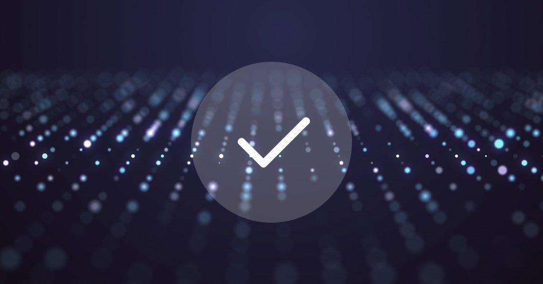 Digital representation of a secure AI validation process featuring a checkmark over a neural network data field, illustrating reliable AI output and accuracy.
