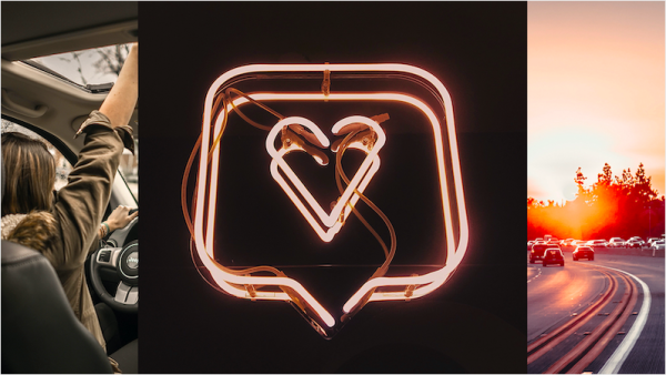 Collage of woman driving, Heart lamp and cars driving in sunset