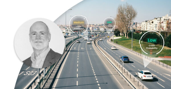 Highway with cars driving and above them is a marker saying how high crash probability they have. And a profile image of Jim Noble.