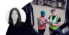 Portrait of Liselott Johansson, alongside two truck drivers wearing high-visibility safety vests reviewing information on a tablet at a construction site with heavy vehicles in the background. Road safety and driver engagement concept.