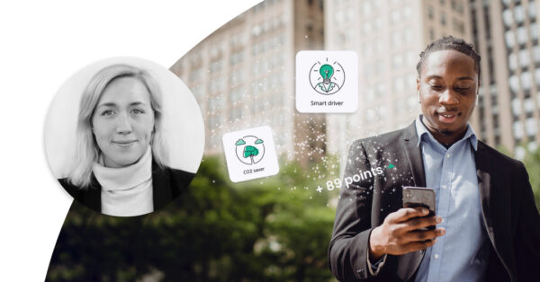 Profile image of Johanna Forseke. Background is image of a man walking and looking at his phone. From the phone 89+ points are showing and CO2 saver and Smart driver markers.