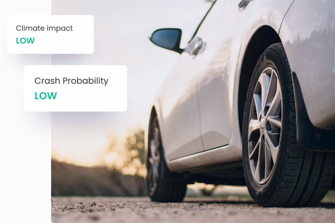 Close-up view of a white car's rear wheel parked on a gravel road, with overlaid labels indicating “Climate impact: LOW” and “Crash Probability: LOW.”