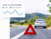 A red emergency warning triangle placed on a road in front of a stationary white car, with a graph overlay showing the relationship between claims and crash probability using green and purple trend lines.