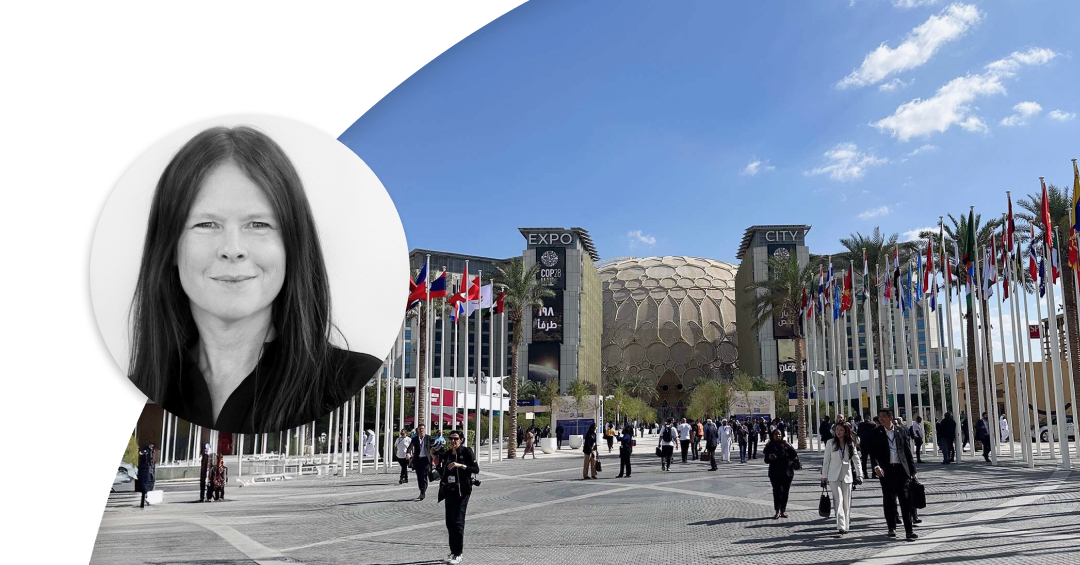 Entrance to COP28 in Dubai and profile image of Liselott Johansson.