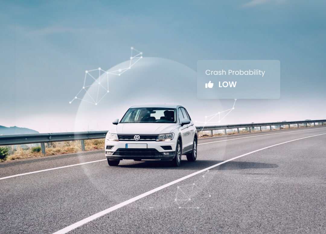 Car driving on a road with tech illustrations around it and marker saying