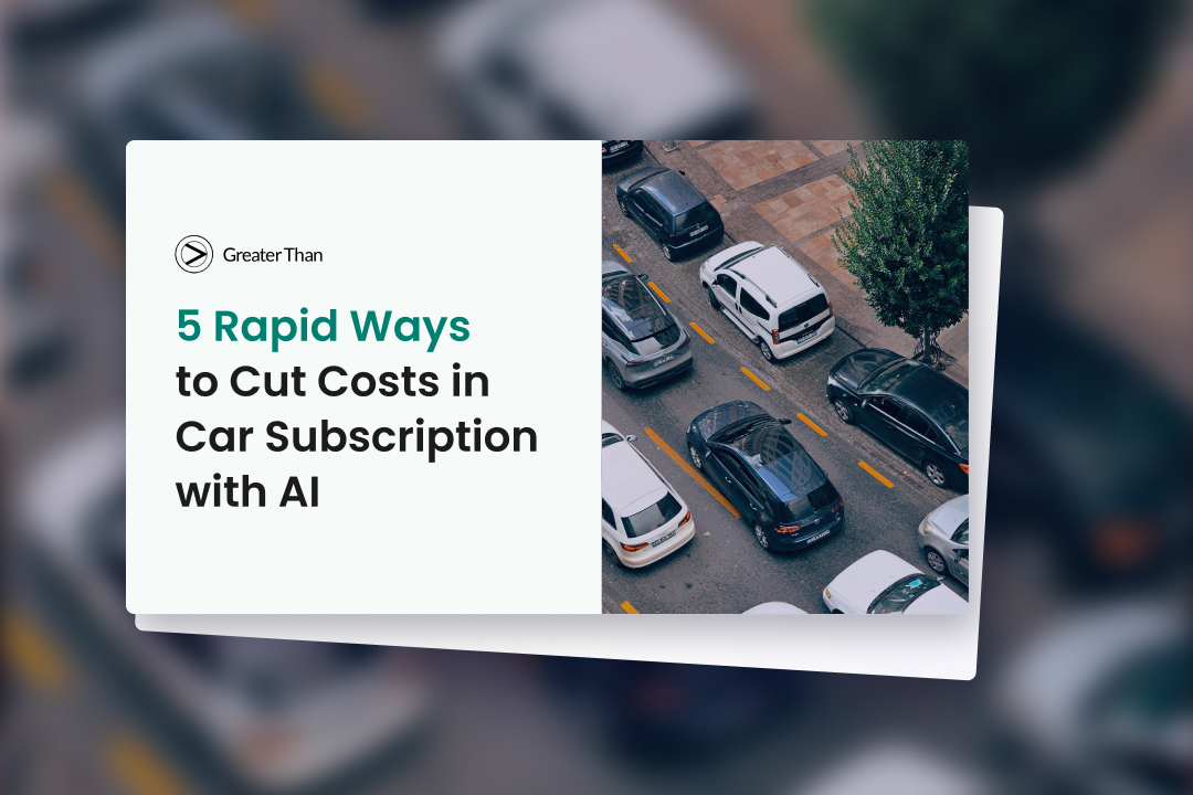 Cover of a guide by Greater Than titled '5 Rapid Ways to Cut Costs in Car Subscription with AI', featuring an aerial view of parked cars along a city street bordered by trees and pedestrian walkways.