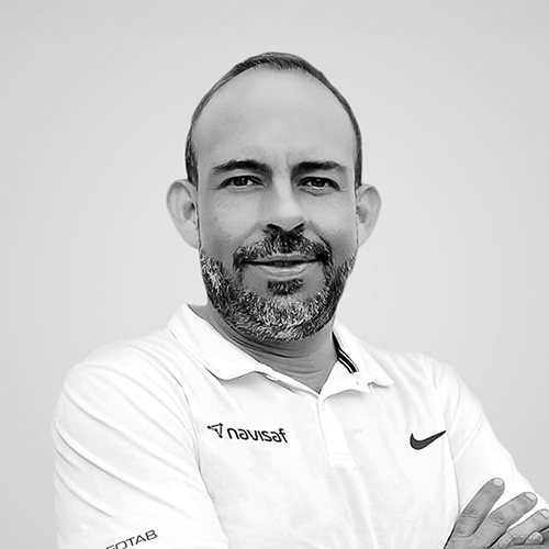 Black and white portrait of David Escobar at Navisaf
