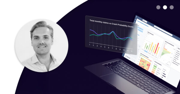 Laptop showing Greater Than's platforms dashboard and Total monthly claims va crash probability. Profile image of Johan Forseke.