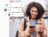 Smiling woman holding a coffee cup and looking at her phone while walking in an urban setting. Overlay shows a gamified driver leaderboard with star ratings: 'You' ranked first with 4.9 stars, followed by Emelie with 4.6, and John with 3.8.