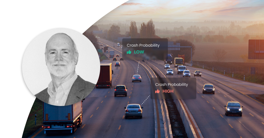 Cars driving on highway in sunset. Markers showing Crash Probability Low and High above two cars. Profile image of Jim Noble.