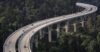 Cars driving on a bridge above the treetops