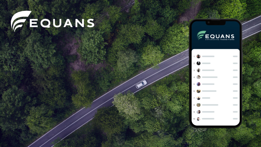 Equans Eco Driving Challenge leaderboard displayed on smartphone over aerial view of car driving through forested road, showcasing eco-friendly fleet performance and smart mobility insights. The Equans logo is in the top left corner.