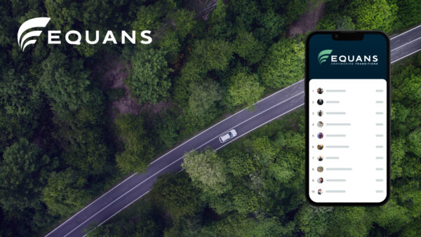 Equans Eco Driving Challenge leaderboard displayed on smartphone over aerial view of car driving through forested road, showcasing eco-friendly fleet performance and smart mobility insights. The Equans logo is in the top left corner.