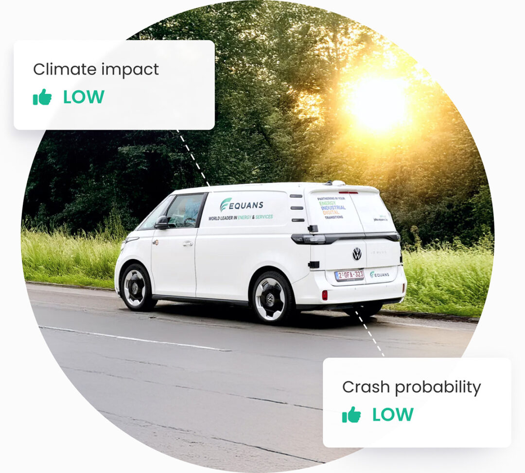 EQUANS service van on a sunlit road with low climate impact and crash probability indicators, promoting safe and sustainable driving with AI insights
