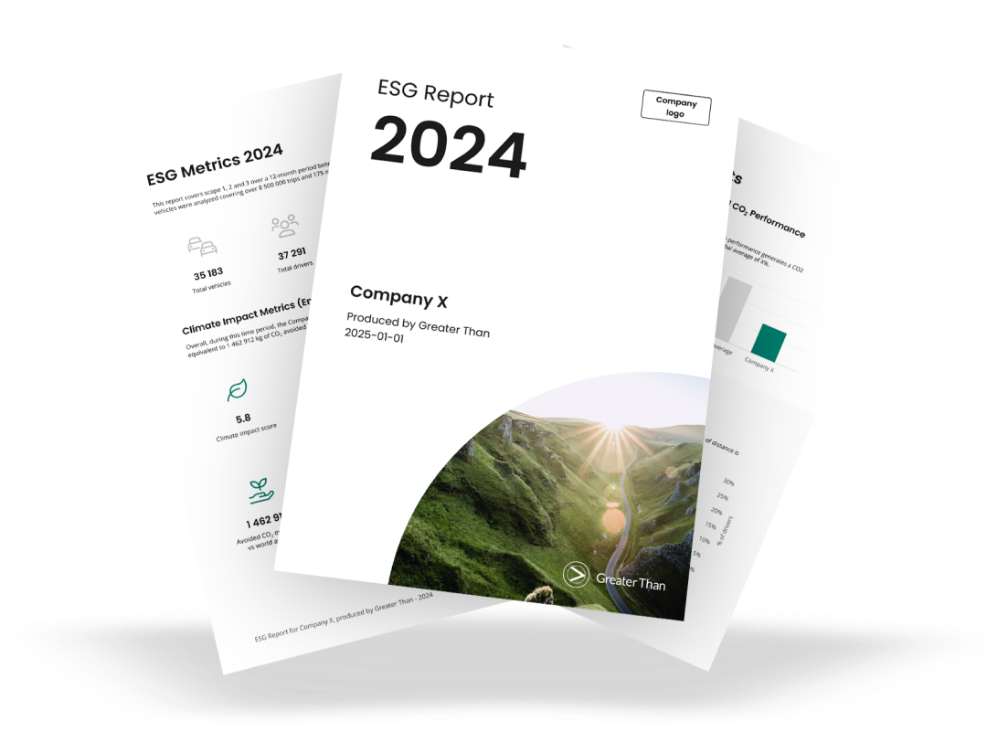 Illustration of ESG-related icons—environment, social, and governance—integrated with mobility and data analytics symbols, promoting Greater Than’s ESG insights module.