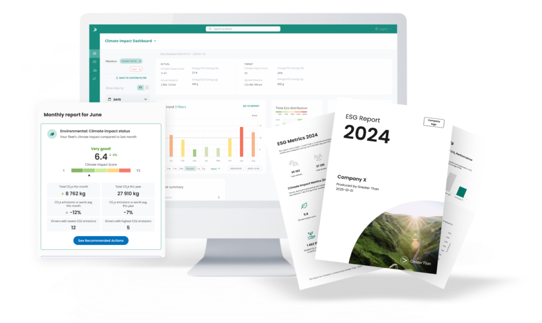 A Climate impact dashboard with an ESG report and a monthly email by it's side