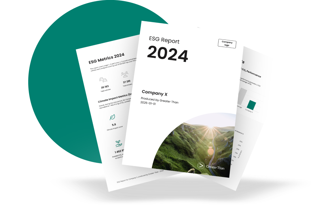 Mockup of an ESG mobility Report in front of a dark green circle