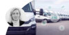 Parked fleet of white cars. Symbols for ESG on top. Profile image of Johanna Forseke.