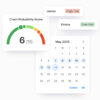 Fleet risk evaluation interface showing a calendar view for May 2025, individual driver risk levels labeled as 'High risk' for Emma and 'Low risk' for James, and a Fleet Crash Probability Score gauge displaying a score of 6 out of 15.