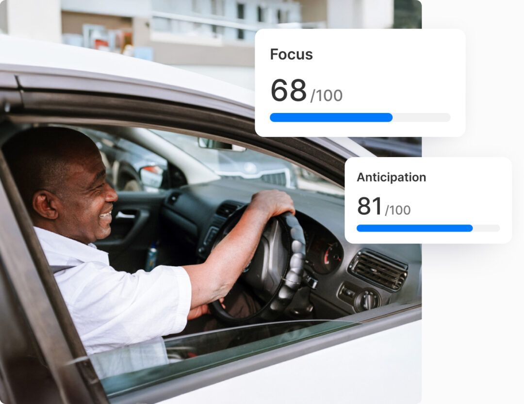 Smiling man driving a car with two overlaid performance metrics: a focus score of 68 out of 100, and an anticipation score of 81 out of 100. Both metrics are shown as progress bars.