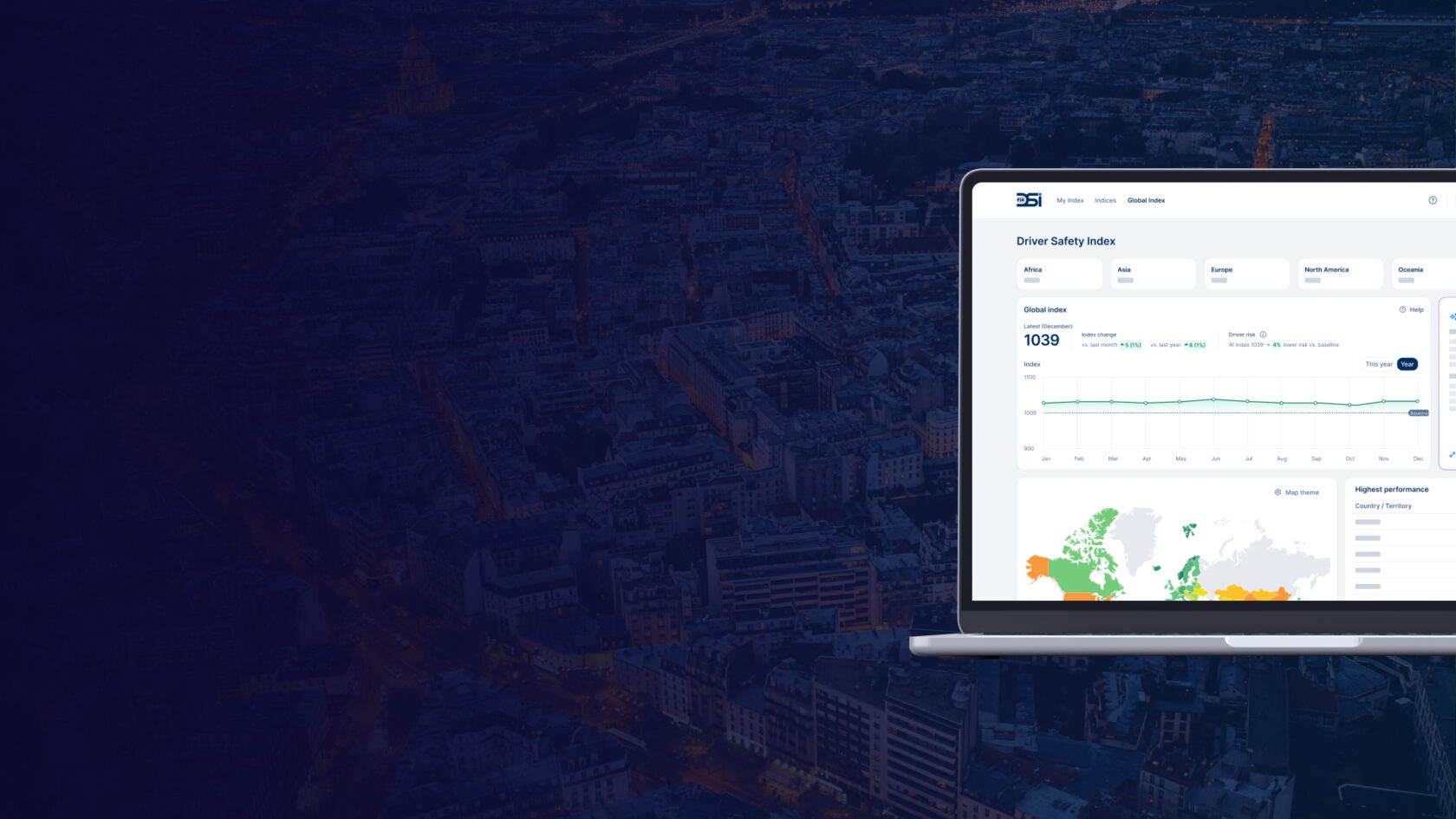 The FIA Driver Safety Index platform presented on a background image of Paris from above with a dark blue overlay.