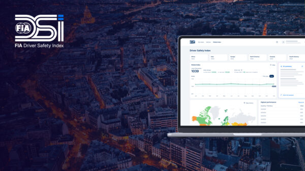 The FIA Driver Safety Index platform presented on a background image of Paris from above with a dark blue overlay. The FIA Driver Safety Index logo is on the upper left corner.