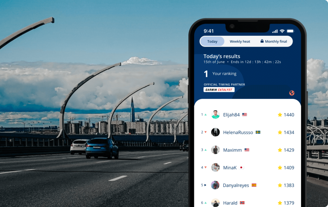 Cars driving on a bridge forward a city. It's a blue sky with low clouds over the city. Image of a phone with the FIA SDC app showing Today's results on it.