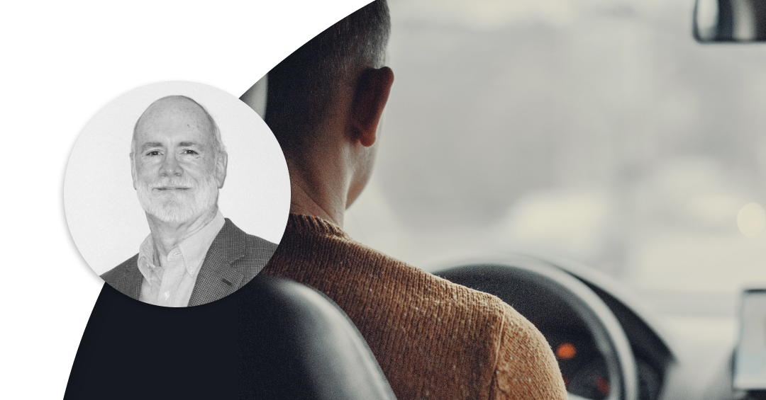 Profile image of Jim Noble and an image from the backseat when a man is driving.