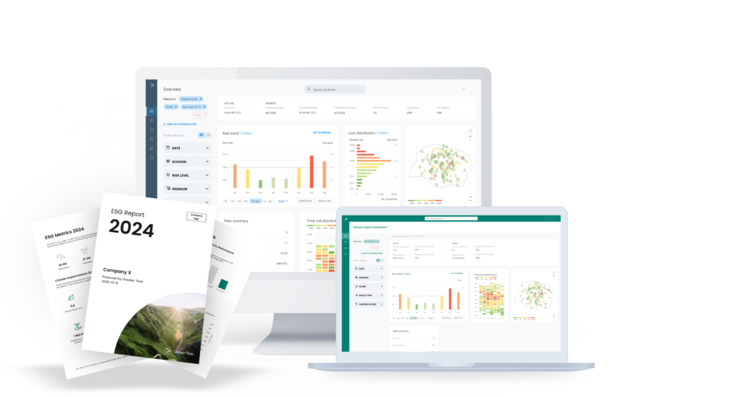 An image of two different dashboard mockups and an ESG report