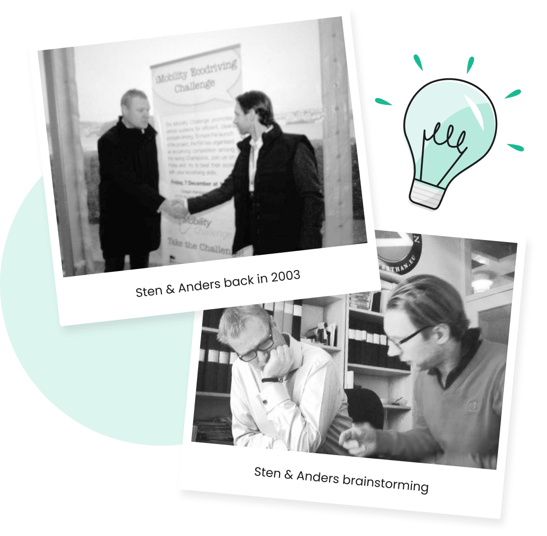 Two old images of Greater Than's founders meeting and working