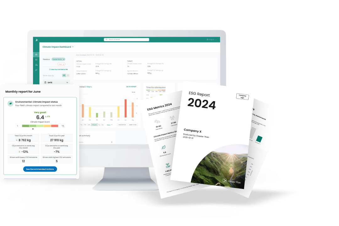 A Climate impact dashboard with an ESG report and a monthly email by it's side
