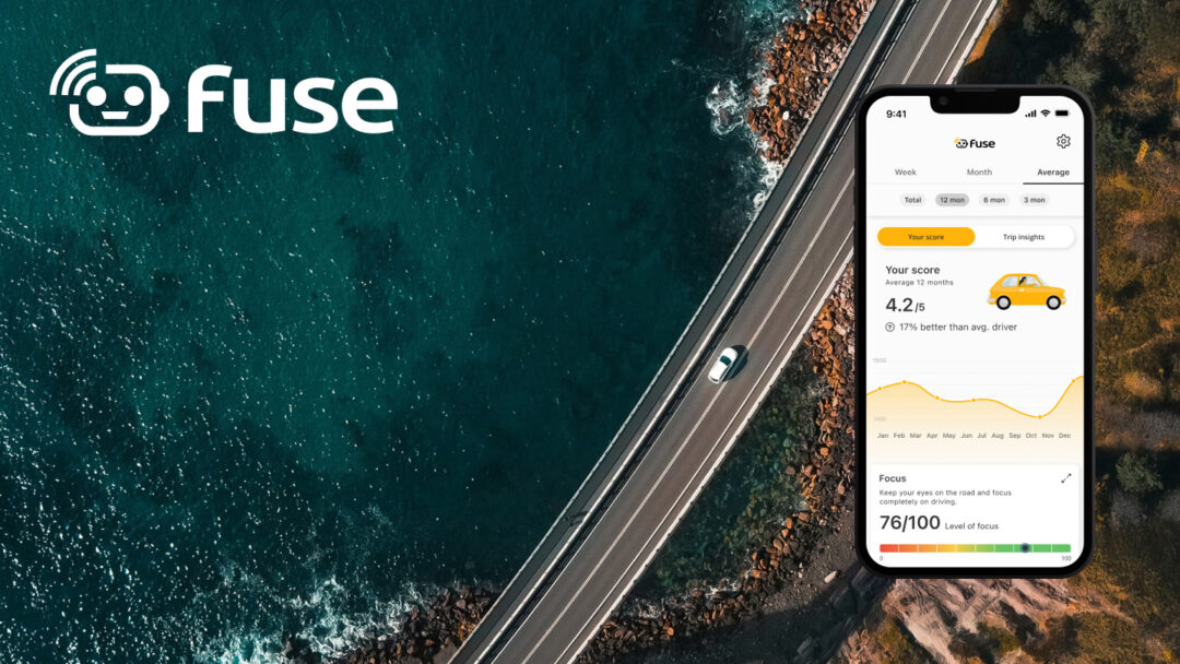 A car driving on a road from above with the Fuse Fleet driver app by it's side. The Fuse logo is in the upper left corner