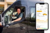 A man sitting in a black van looking out the window smiling. The Fuse Fleet app is on the side showing driver statistics